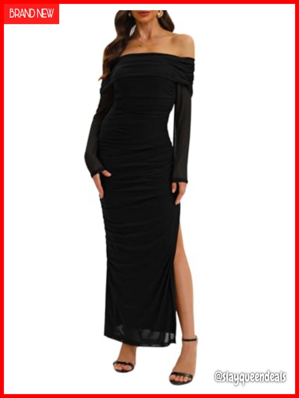 Off Shoulder Long Sleeve Bodycon Mesh Ruched High Split Maxi Dress